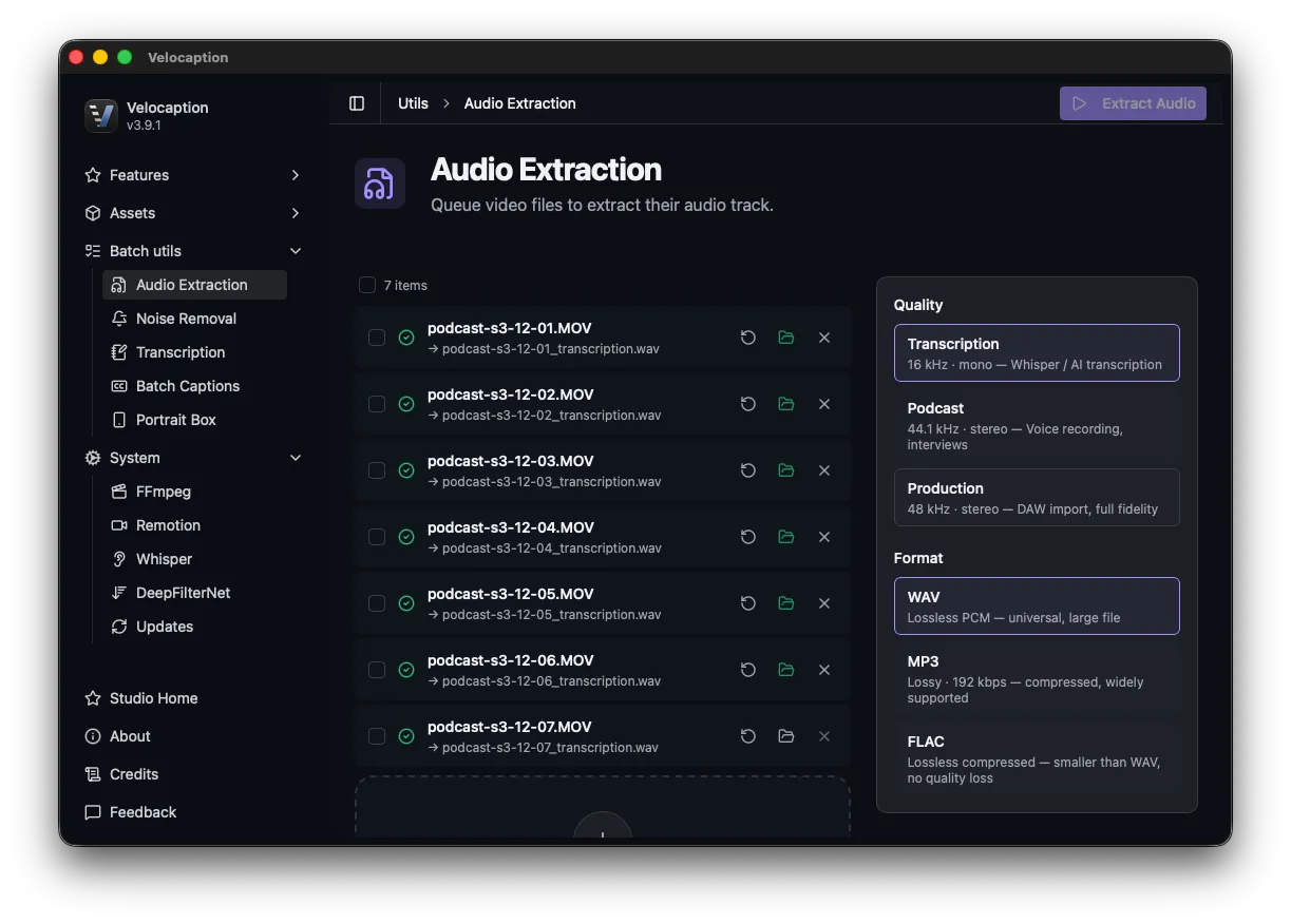 Velocaption audio extraction queue for podcast workflows