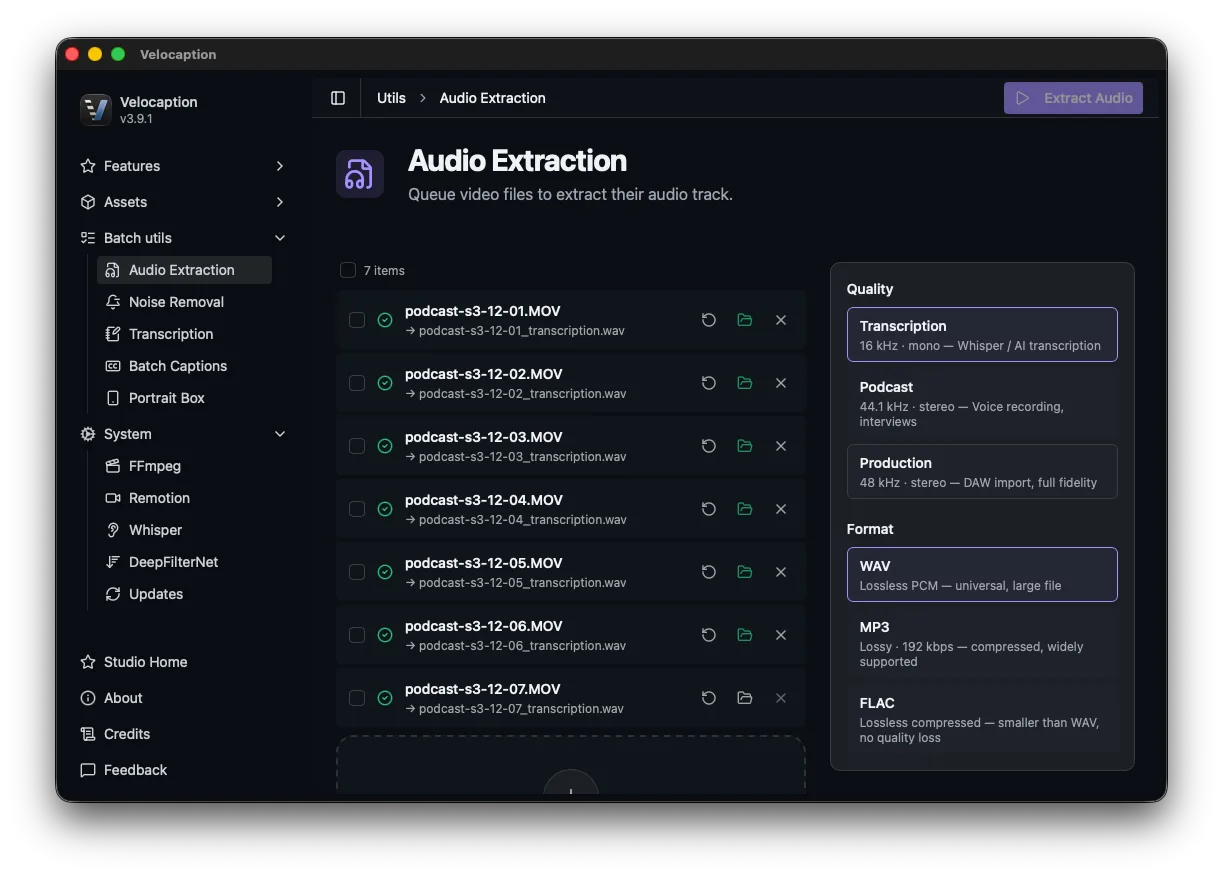 Velocaption audio extraction queue for podcast clips