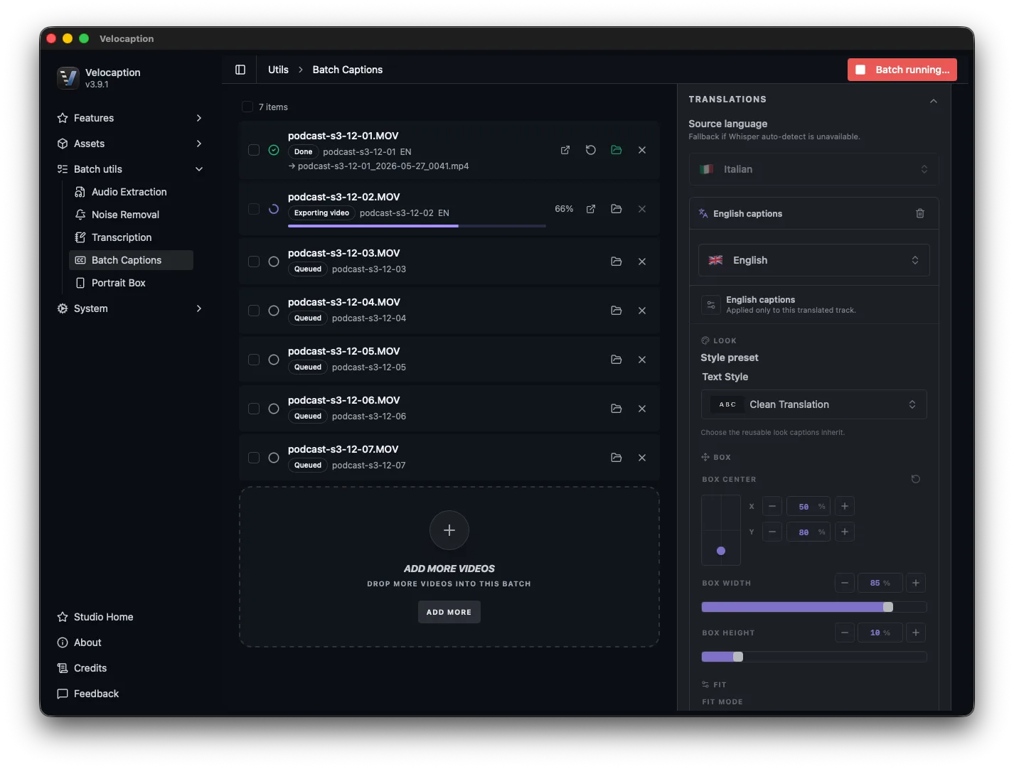 Velocaption export panel showing subtitle download options for SRT and VTT files