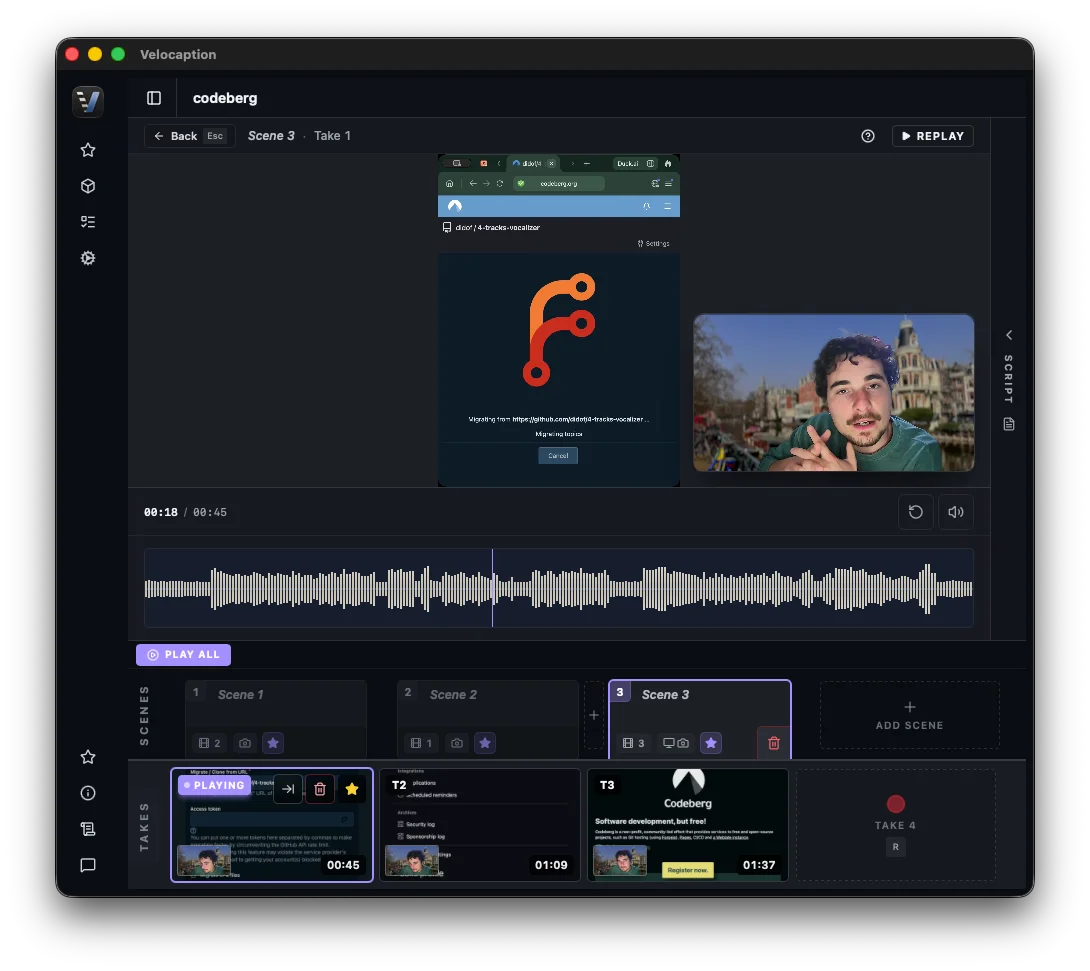 Velocaption screen recorder editor with source controls