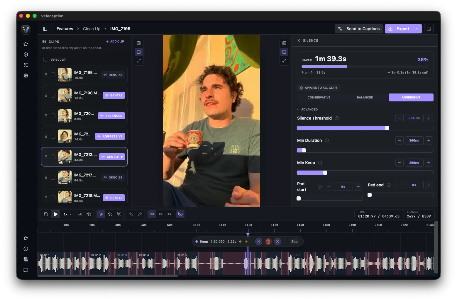 Velocaption silence remover for trimming internal walkthroughs